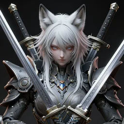 cyberpunk battle princess with white fox ears and swords, detailed symmetrical close up portrait, intricate complexity, cell shaded, 4 k, concept art, by takato yamamoto, wlop, artgerm, krenz cushart. zbrush sculpt, octane, houdini. cinematic dramatic atmosphere, sharp focus