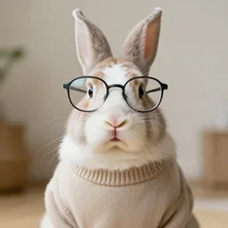 rabbit wearing glasses and a sweater.
