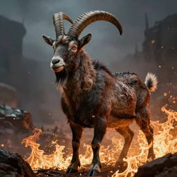 the devastating wise goat throught the flames, dystopic, fantasy, h.p. Lovecraft, highly detailed, HD, 8k