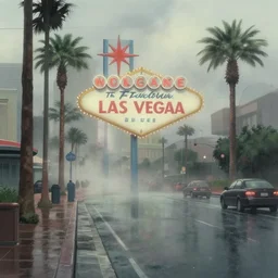 street at las vegas, foggy rainy day, matte painting, studio ghibli, artstation