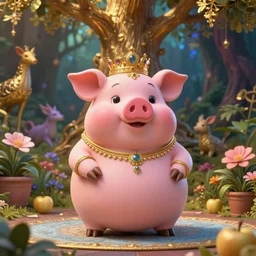 Piggy deity, fat figure, Cute, adorable, elegant, chubby, pink, gold, warm, wearing a crown, bracelets and necklaces, pale blue carpet, potted plants, figure, realistic, hair detailing, background is heavenly,wonderland at night, The light in the deep forest full of mythical creatures of the picture, according to European art, Golden Sacred Tree, Golden Apple, Flower Garden,Hyper realistic render. Den noise. Volumetric Lighting. Dynamitc Lighting. Unreal Engine. octane. Hyper Cinematic lighting