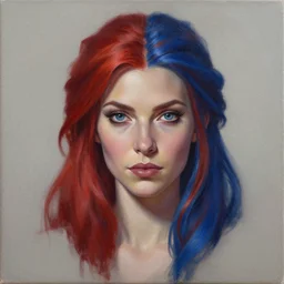 A detailed matte oil on canvas head on symmetrical portrait of a beautiful distinguished elven woman with red and blue hair on an empty background,  by Charlie bowater, Wlop, trending on artstationhd,  dungeons and dragons art,  half & half hair dye, parted, split dye, critical role