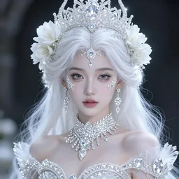 wonderful princess of white diamonds with fair skin, white hair, white flowers, ornate with white diamonds, 8 k, gorgeous, intricate, detailed, glowing white accent lighting, dramatic lighting, octane render