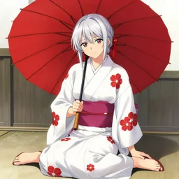 beautiful girl, silver hair, red umbrella, white yukata with red flower patterns, sitting, detailed, looking to camera, full body shot, ilustration by Takehiko Inoue ((and Krenz Cushart))