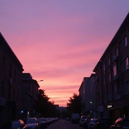 a street photograph, pink sunset, dramatic lighting