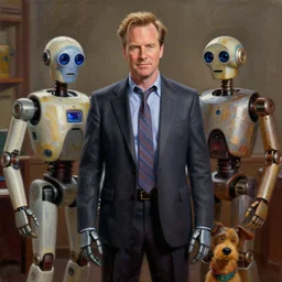 an episode of frasier, set in the year 2 1 2 2, kelsey grammer is a cyborg. frasiers dad, brother and little dog are droids, intricate detail, volumetric shadows and lighting, realistic oil painting by tim hildebrandt,
