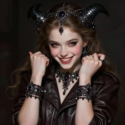 portrait of teenage aphrodite, wicked smile, naughty expression, wearing leather coat, onyx bracelets, intricate, elegant, sparkling dark jewelry, glowing lights, highly detailed, digital painting, artstation, concept art, smooth, sharp focus, illustration, art by wlop, mucha, artgerm, and greg rutkowski