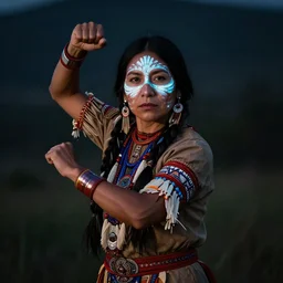 a beautiful portrait of a native american woman with glowing war face paint, dynamic pose, by loish