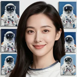 a high quality professional studio photograph with beautiful detailed face of a happy woman proudly showing off her collection of paintings of astronauts, clean cel shaded vector art by lois van baarle, artgerm, helen huang, by makoto shinkai and ilya kuvshinov, rossdraws, illustration, art by ilya kuvshinov