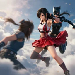 epic scene of most gorgeous final fantasy 7 character hyper detail in amazing red dress, fighting catwoman in a tank top, hyper realistic 3 d render, art station, particles, epic scene, mucha, tifa, clouds, jump pose, blur focus, action,