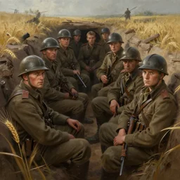 beautiful digital painting of a group of barley surviving soldiers in a trench waiting for the war to end. cinematic lighting and rendering, atmospheric, concept art, high detailed faces, artstation by artgerm and greg rutkowski,,