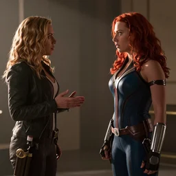 movie still of Scarlett Johansson as Black Widow handling over her things to Avril Lavigne to be the new Black Widow