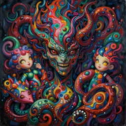 amazing intricate detailed painting. disturbing, twisted, dark, evil. vibrant colors. cure, lovely, funny, beautiful, amazing. trending on artstation.