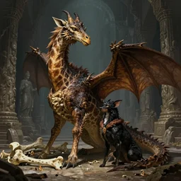 portrait of fantasy beast dragon - wyrm - giraffe hybrid, underneath laying bones, big beast pet sitting next to him, dark gods ancient temple in the background, illustration concept trending pixiv fanbox by wlop and greg rutkowski and rosa bonheur, and william harnett