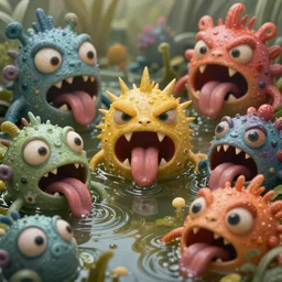 intricate colourful murky pond with strange cute friendly angry crazy creatures with huge eyes long tongue triangle teeth and scary face appearing from the water closeup, in the style of craola, macro lens, shallow depth of field, highly detailed, digital painting, trending artstation, concept art, illustration, cinematic lighting, vibrant colors, photorealism, epic, octane render