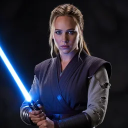 jennifer lawrence as a jedi with ripped and damaged clothes holding a blue lightsaber in her hands, very dark background, official new star wars episode xi movie poster from lucas arts, perfect symmetrical face, moody lighting, 8 k, shallow depth of field, intricate detail,