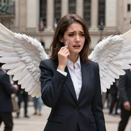 cute beautiful girl with angel wings in suit crying in the Wall Street in the middle of the crowd, elegant, 2d, ultra highly detailed, digital painting, smooth, sharp focus, artstation, pixiv, art by Ilya Kuvshinov