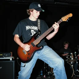 19-year-old white boy wearing backwards baseball cap, baggy jeans, playing 7-string guitar, nü metal concert, rap metal, alternative metal, 1999 photograph