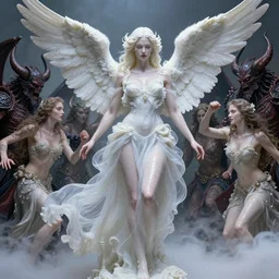 high intricate porcelain baroque stunning woman full body sensual transparent dress wet white angelic warrior fighting the army of the demon lord, 8 k, glitter skin very white hyperrealistic hyperdetailed pastel maria panfilova, andrea savchenko, sensual mike kime, ludovic plouffe, qi sheng luo, oliver cook, trending on artstation