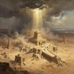 a fantasy concept artwork depicting the ancient temple city of luxor seen from above when the sandstorm is approaching by anders zorn, craig mullins and greg rutkowski, very dramatic light