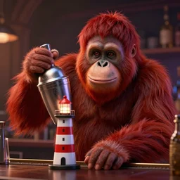 glowwave portrait of red orangutan as bartender shaking lighthouse toy as shaker for cocktails, hyper detailed, digital art, trending in artstation, cinematic lighting, studio quality, smooth render, unreal engine 5 rendered, octane rendered, art style by pixar warner bros dreamworks disney riot games and overwatch
