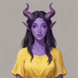 a purple skin peaceful woman tiefling with small horns, smiling, dark hair, curvy horns, with and yellow shirt and dress, chaste, symmetrical! portrait by rossdraws and daniel docciu and dave dorman