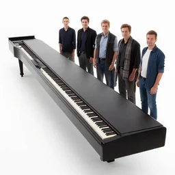 the world's longest piano with a group of men standing next to it showing its size.