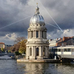 neoclassical tower with dome in a waterway, next to a urban train, blonde hair, pinterest, artstation trending, behance, watercolor, by coby whitmore, silver, laser light,