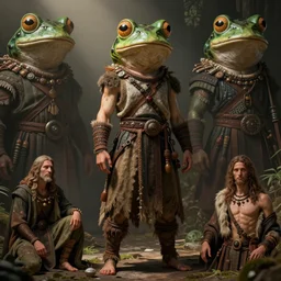 natural light, dissolution filter ,turbulence filter, costume design made by nordic tribes, sophisticated composition, old masters light composition, artist reference images pose, procedurally generated, epic human character posing for concept art, beautiful creative space behind, frog head, substance designer, PBR, HD, Ultra detailed, hyperrealistic, megascans, volumetric light, concept by master artist, made in paint tool SAI2, trending pixiv face