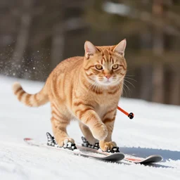a plain orange tabby cat skiing