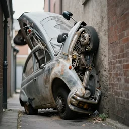 street photography by saul leiter, in a narrow alley, award winning photo of an ultra detailed intricate dirty vintage ford car crashing on a wall, fast shutter speed, motion blur, tiny gaussian blur, highly detailed, highly intricate, depth of field, trending on top gear
