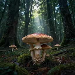 eerie mushroom forest with sun rays peeking through the trees