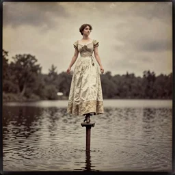“A daguerreotype photograph from the 1870s of a woman standing on stilts in a lake”