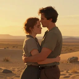 james franco and emma watson in a peaceful wasteland, golden hour, digital art, loving embrace, trending on artstation