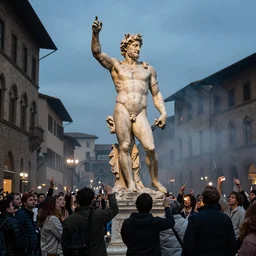 lots of people celebrating in the streets of florence around a huge statues of zeus, dappled lighting, light mist, cinematic, dusk, photographic, realistic, highly detailed, matte painting in the style of william - adolphe bouguereau, dutch golden age, artstation