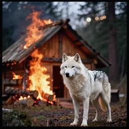 lomo photo of a white wolf in front of a burning log cabin, cinestill, bokeh, out of focus