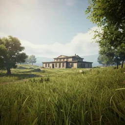 A serene landscape with a singular building in the style of unreal engine