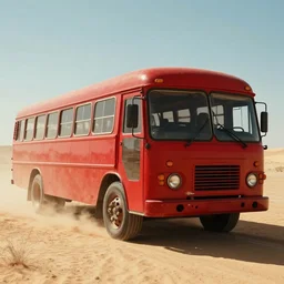 photo of a red bus in desert, mad max fury road style