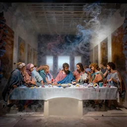 The Last Supper, made of colored smoke. colored smoke looks like The Last Supper. preproduced with colorful smoke