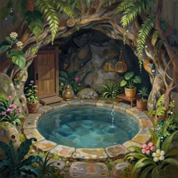 painting of an interior of a hidden japanese hotspring in a small cave, fantasy, lush plants and flowers, natural light, concept art, by craig mullins, cozy atmospheric and cinematic lighting, trending on artstation