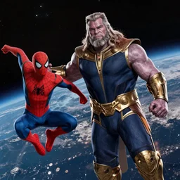 thanos fighting spider man in space photo realistic