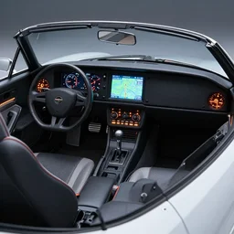 full - color digital photo of the dashboard and interior of a 1 9 7 8 model retrofuturistic sports - car, resembling the cockpit of a spaceship, with glowing indicator lights and a crt displaying navigation maps. concept - car. cassette - futurism ; cassette - punk. high - quality professional promotional photography released by an auto manufacturer.