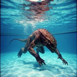 an ultra wide colour 3 5 mm film photo of a terrifying half reptile half humanoid hybrid creature, hunting underwater in a public swimming pool, liminal spaces, ritual occult gathering, film grain
