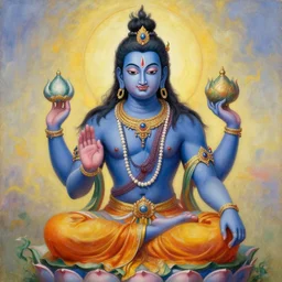 painting of a beautiful rendition of the mythical vishnu, illustration, artistic, colorful, hyper detailed, in the style of greg rutkowski,