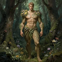 god of the forest, 3 0 years old, rugged, handsome, male, detailed face, clean lines, atmospheric lighting, amazing, full body, thighs, flowers, muscular, intricate, highly detailed, digital painting, deviantart, concept art, sharp focus, illustration, art by greg rutkowski and alphonse mucha