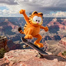 Garfield doing a kick flip on a skateboard over the grand canyon, stunning detail, photo realistic