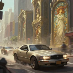 photography of a car chase down manhattan, deep focus, d & d, fantasy, intricate, elegant, highly detailed, digital painting, artstation, concept art, matte, sharp focus, illustration, hearthstone, art by artgerm and greg rutkowski and alphonse mucha
