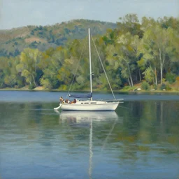 yacht at a lake near the shore with tree hills, oil painting, detailed