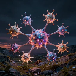 quantum connections represented as symbiotic organisms like cells playing around with colorful lights by filip hodas