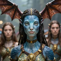 a stunning ultra detailed fantasy fine art portrait photo of a na'vi goddess from avatar movie wearing bat wings on the head, by tom bagshaw, karol bak and boris vallejo, arms made of dragon skin, golden ratio composition, deep depth of field, perfect eyes and face, cyberpunk, soft lighting, artstation, 8 k